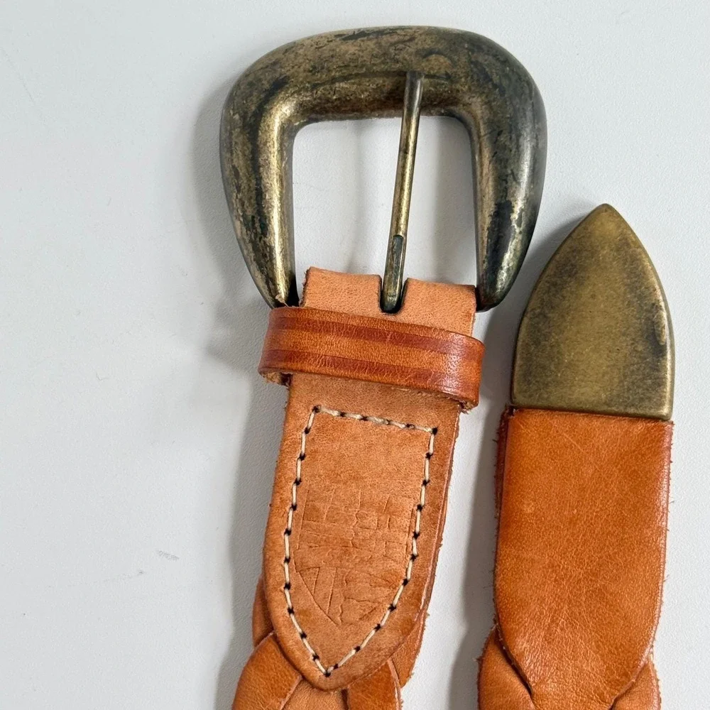 VTG Braided Leather Belt Womens S/M Tan Western Boho Woven Brass Buckle‎ Classic